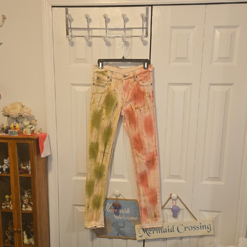 Cheap Monday Green and Red Tie-Dye Skinny Jeans